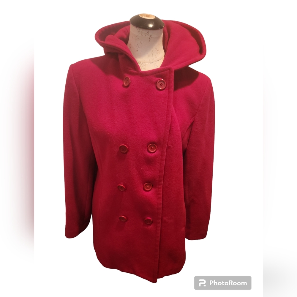 Women's Fleet Street Red 100% Wool Pea Coat Jacket Hooded Size Medium (M)